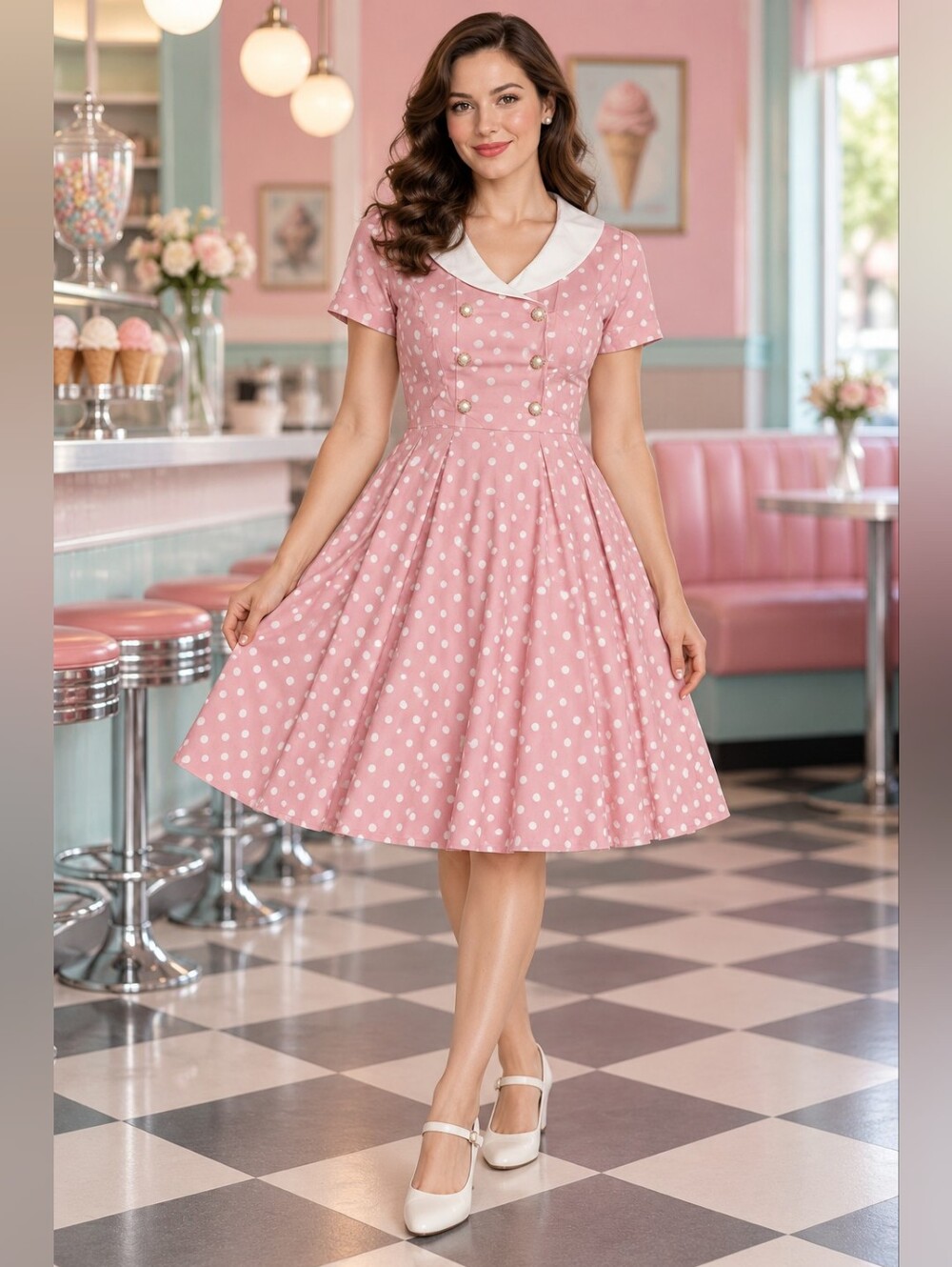 Women’s Medium Pink Polka Dot Sailor Collar Fit & Flare Dress